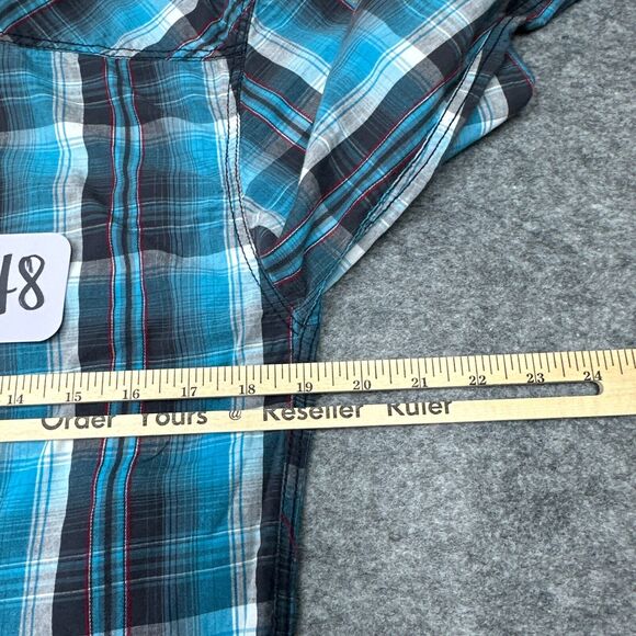 Skully Shirt Mens Medium Snap Up Teal Plaid Western Cowboy‎ Ranch Rodeo - Picture 10 of 10